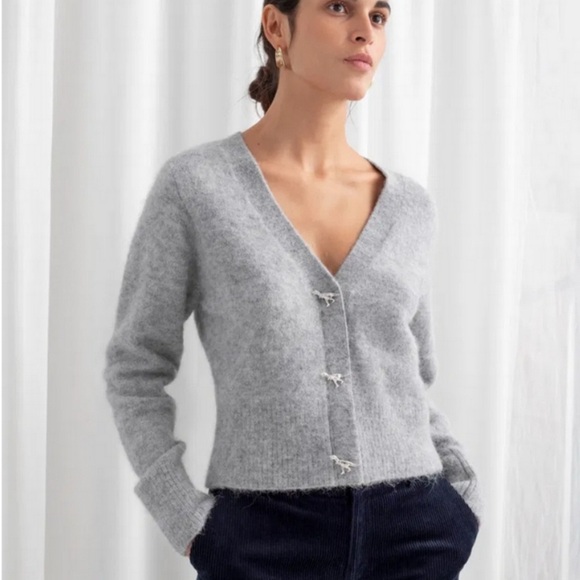 & OTHER STORIES Gray V-Neck Cardigan Alpaca Wool Blend Dinosaur Snap Buttons - Picture 1 of 8